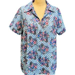 VINTAGE 70s flower bouquet polyester‎ house leisure lounge shirt snap front